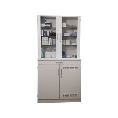 Medikamenten- und Verbandmittelschrank weiß mit Glastüren und Kühlschrank