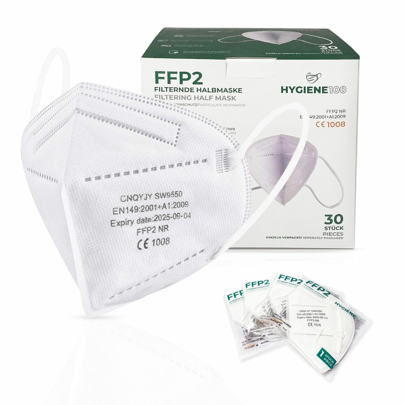 30 Stück FFP2 Schutzmasken, hocheffiziente Filter-Einwegmasken, CE1008 – Hygiene 100